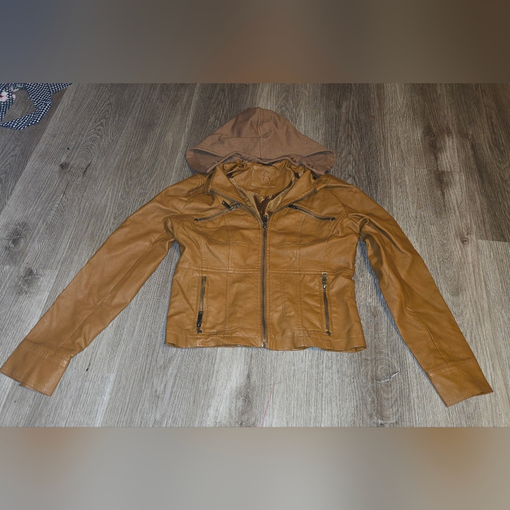 Tan Leather Hooded Jacket for Girls
